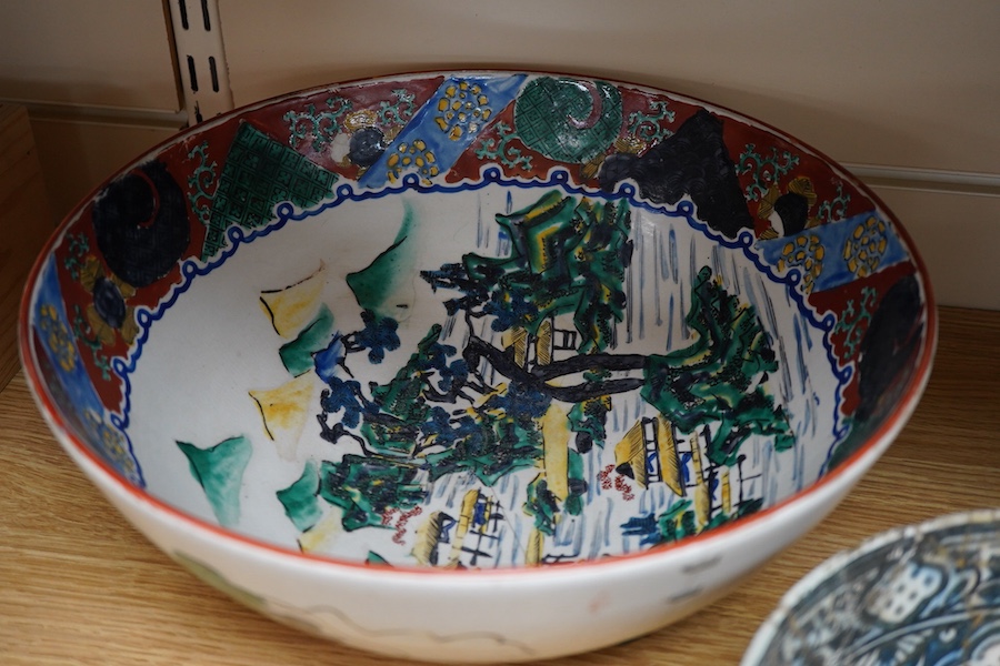 An early Persian pottery bowl and vase, a Japanese bowl and another Chinese segment dish, tallest 20cm